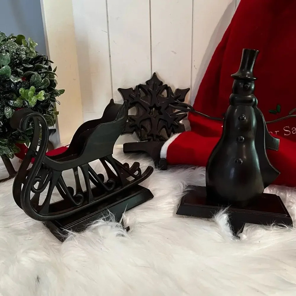 NEW Pottery Barn Bronze Snowman Snowflake Christmas Holiday Stocking Holders